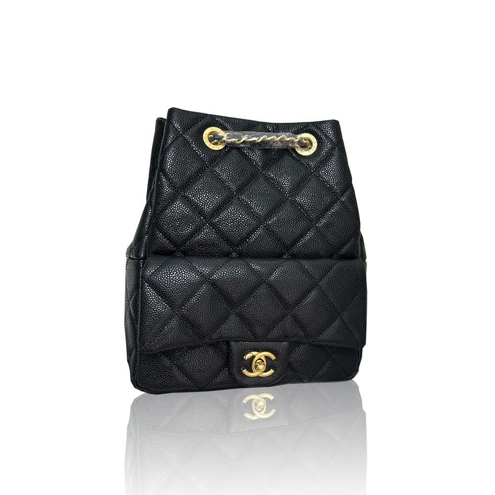 Chanel CC Logo Quilted Caviar Leather Chain Drawstring Bucket Backpack - KAIROO