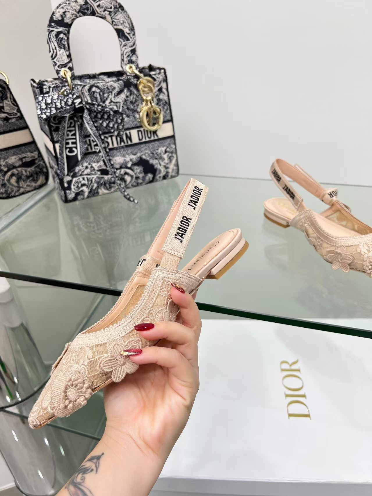 Dior J'Adior Nude Pink 3D Floral Embroidered Mesh Bow Strap Slingback Flats - KAIROO