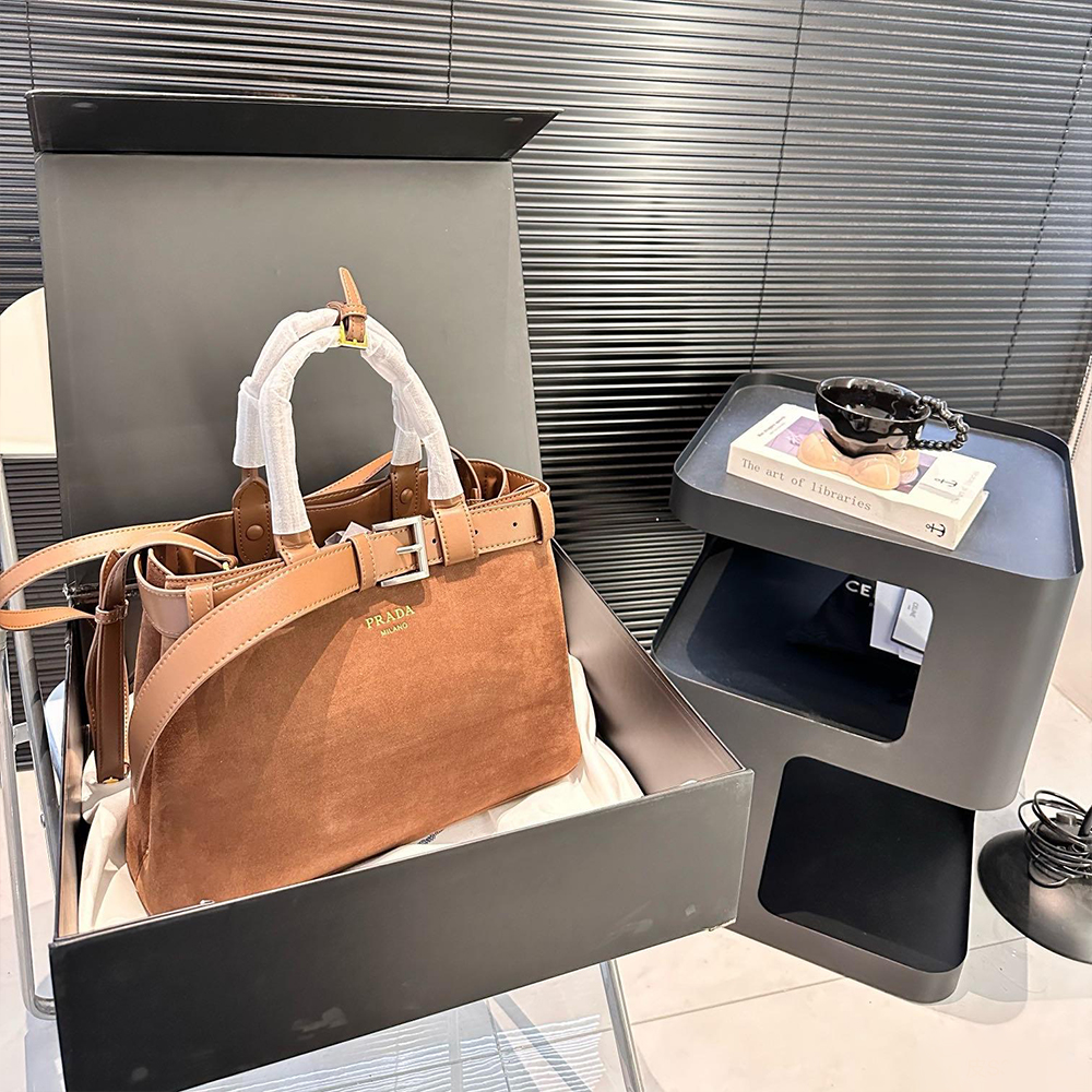 Prada Buckle Suede Leather Belted Triple-compartment Handle Bag - KAIROO