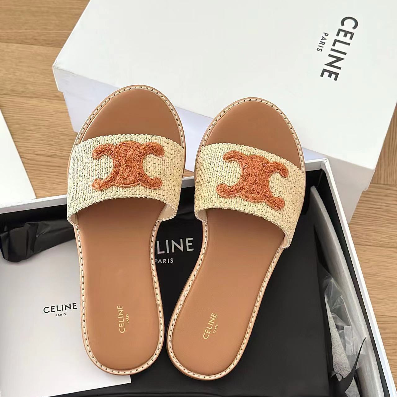 Celine Brown Triomphe Patch Embroidered Raffia Flat Slide Sandals - KAIROO