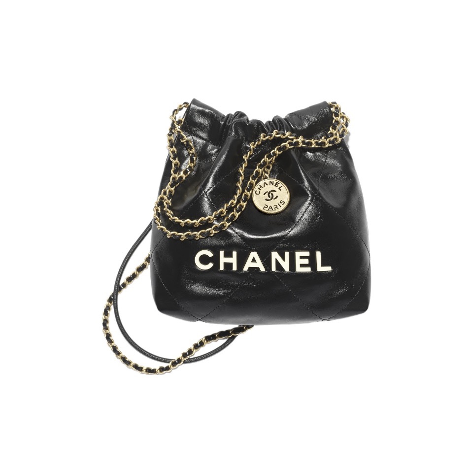 Chanel 22 Mini Diamond Quilted Shiny Calf Drawstring Logo Charm Bucket Bag - KAIROO