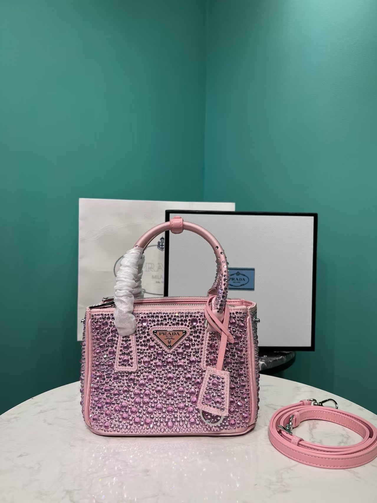 Prada All Over Crystal Satin Mini Tote  Handle Shoulder Bag/Pink /15A - KAIROO