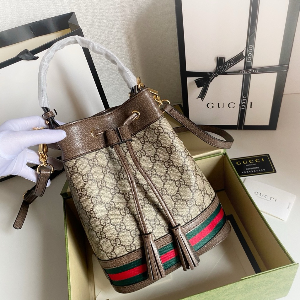 GUCCI Ophidia Monogram Bottom Web Bucket Bag - KAIROO