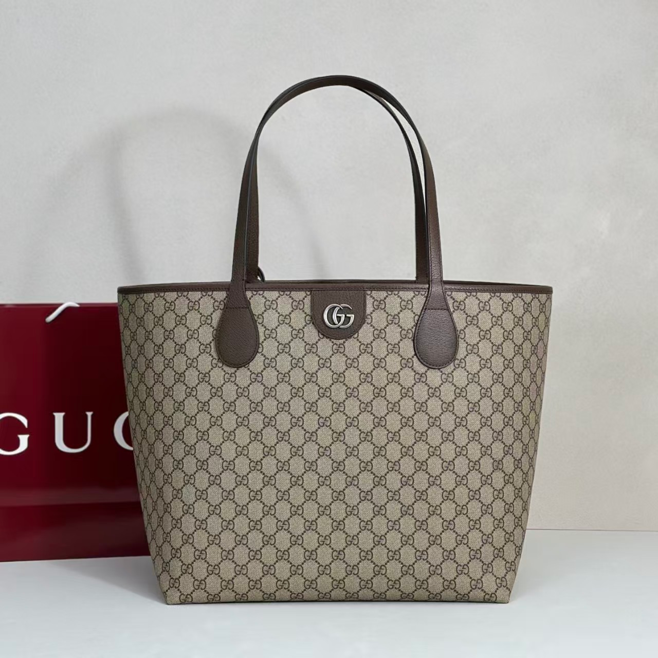 GUCCI GG Monogram Canvas With Leather Trim Shopping Tote Bag/ Brown - KAIROO