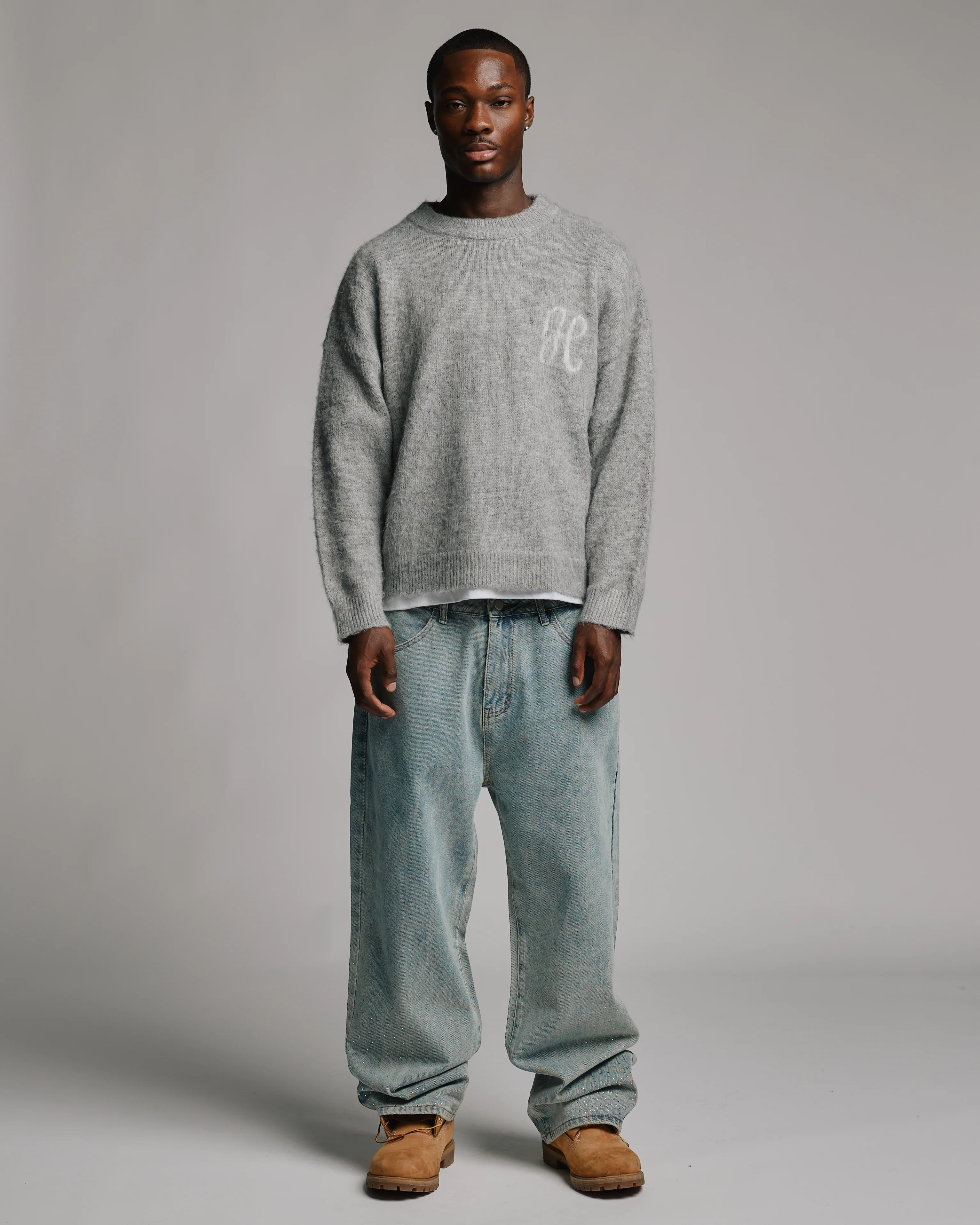 Rhinestone Baggy Denim - Washed Blue