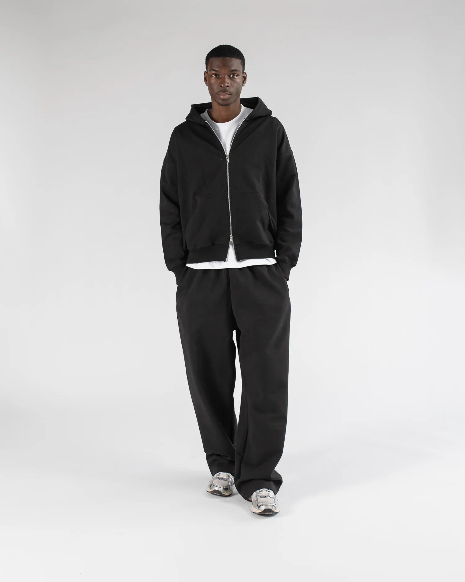 Drop Shoulder Zip Hoodie - Black