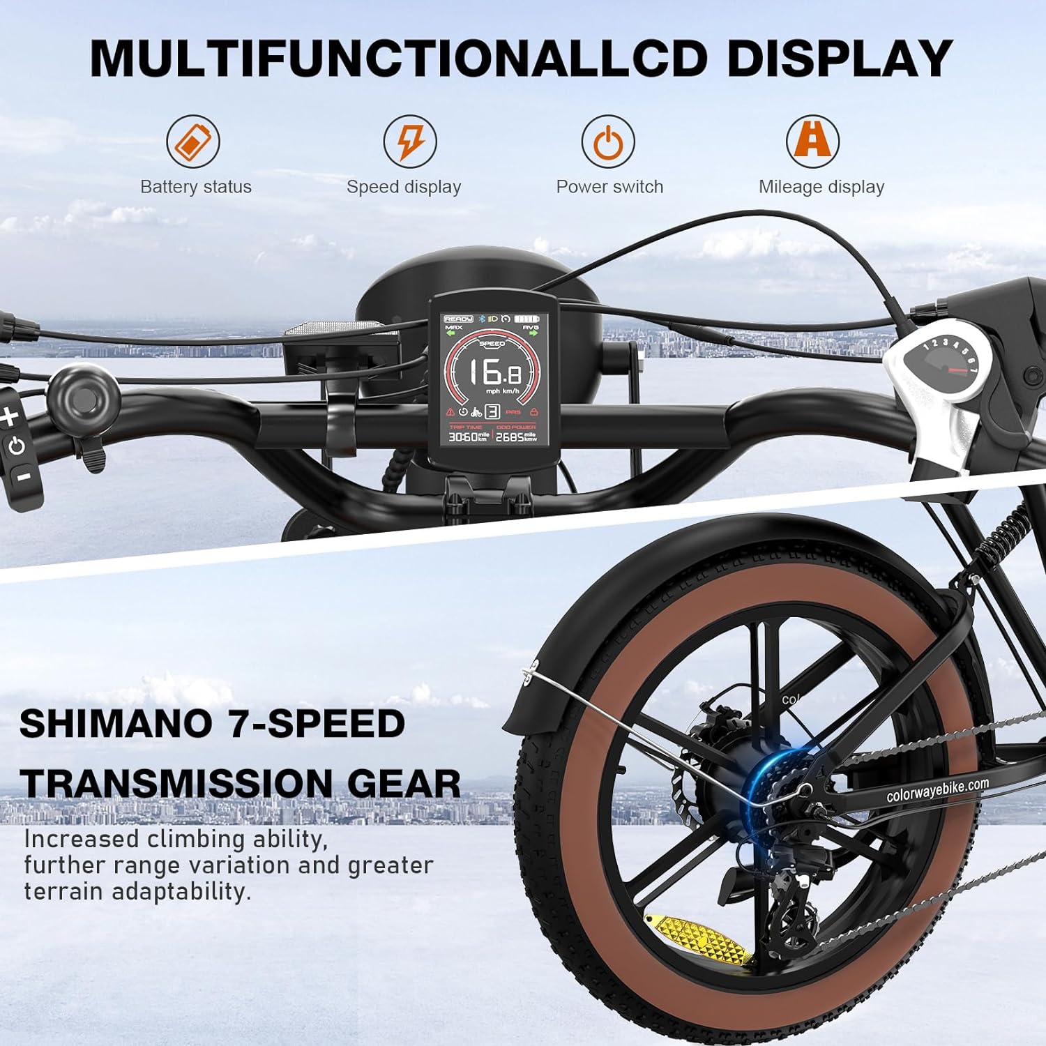 COLORWAY , e-bike with 4.0 fat tyres, 250W motor and 48V 15Ah battery, 7 speeds, with LCD display, dual disc brakes, range up to 45-100KM