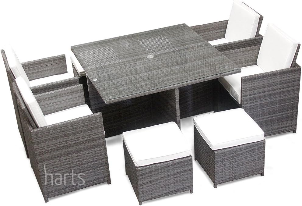 Harts Premium Rattan Dining Set, Cube 8 Seats Garden Patio Conservatory Furniture inc Rain Cover & Parasol (Grey Rattan)
