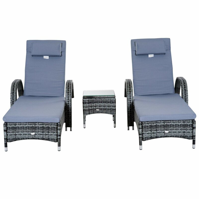 【Furniture】【BS】3 PCS Patio Wicker Chaise Lounge Chair Set, Outdoor Reclining Chair with Table & Cushion