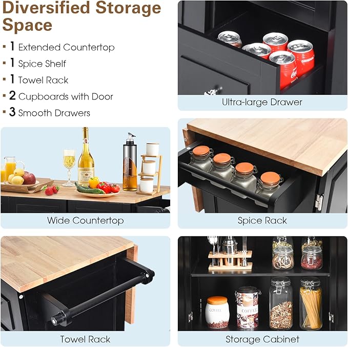 COS TWAY Kitchen Island Trolley on Wheels with Double Door Cabinet, 3 Drawers and Towel/Spice Rack, Utility Cabinet with Deciduous Rubber Wood Top and Adjustable Shelves, Suitable for Home Kitchen, Dining Room (Black)