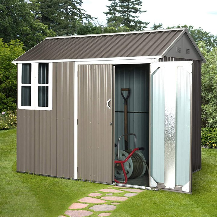 Outsunny 845-331 8 x 6 ft Corrugated Metal Shed w/Double Door Window Sloped Roof Outdoor Equipment Tool Storage Garden Grey