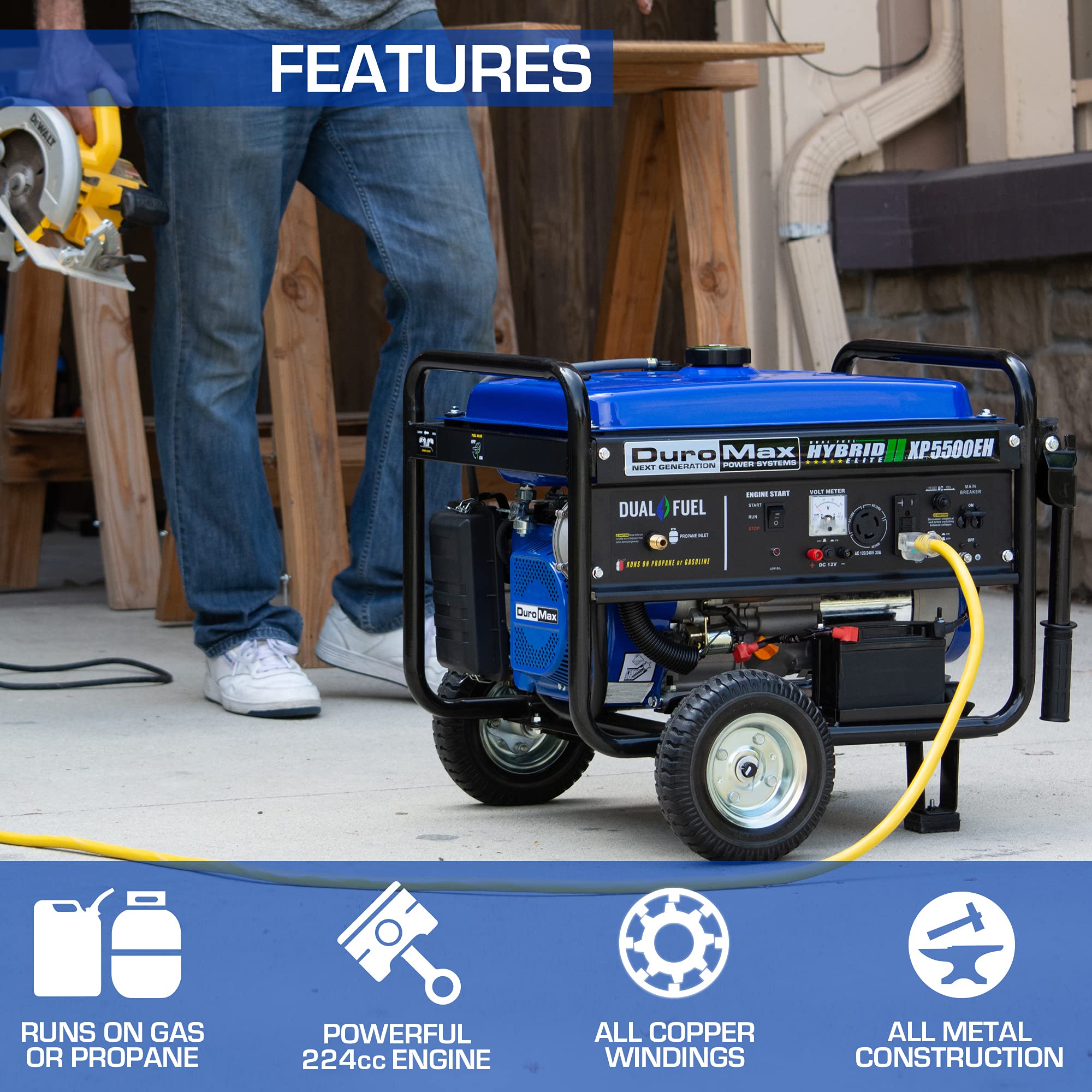 DuroMax XP13000EH Dual Fuel Portable Generator 13000 Watt Gas or Propane Powered Electric Start-Home Back Up, Blue/Gray