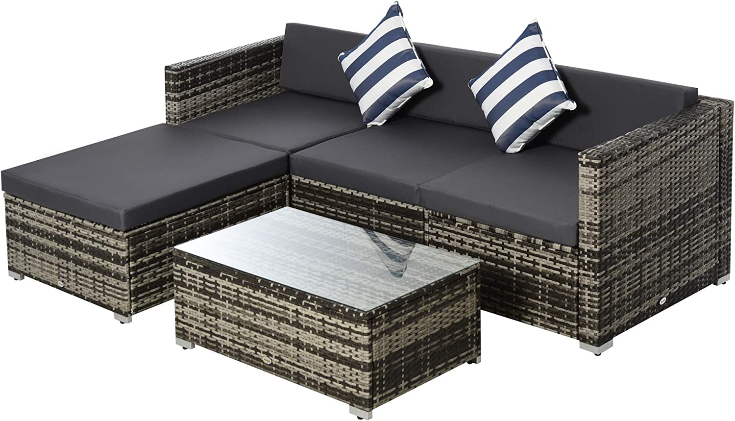 Outsunny 5PC Rattan Furniture Set Garden Outdoor Sectional Sofa Coffee Table Combo Patio Furniture Metal Frame w/Cushion Pillows Grey