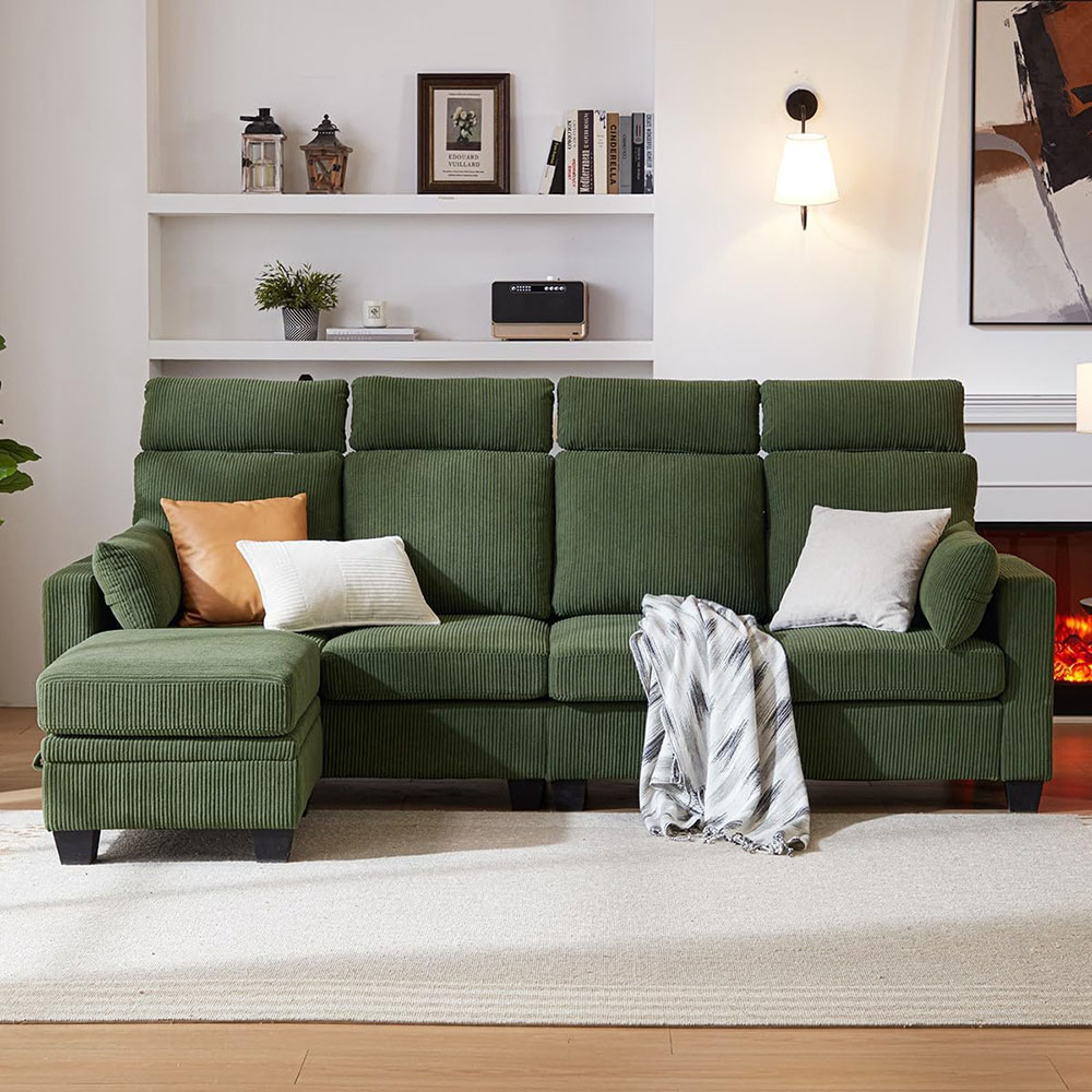 CHIC HOUSE Corduroy Sectional Couch with Ottoman Chaise, L Shaped 4-seat Sofa