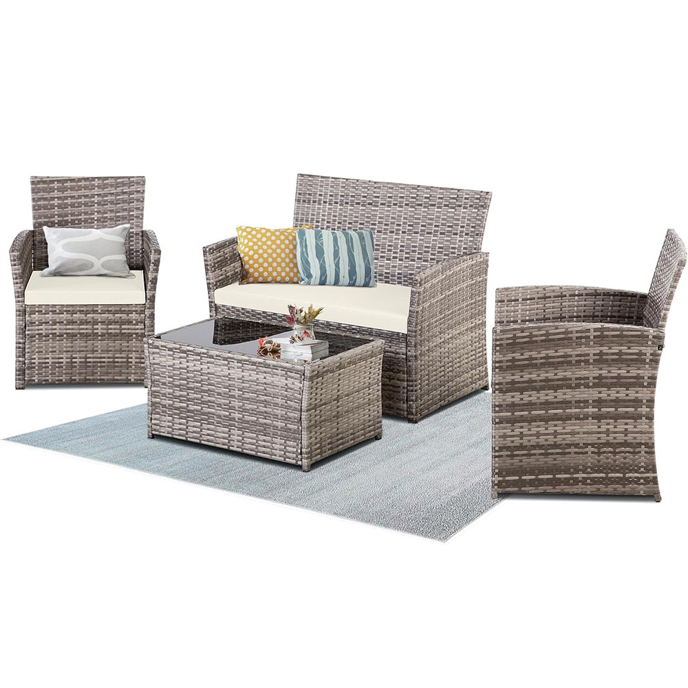 4 Piece Patio Furniture Set, Indoor/Outdoor Rattan Sectional Sofa Living Room Bistro Set