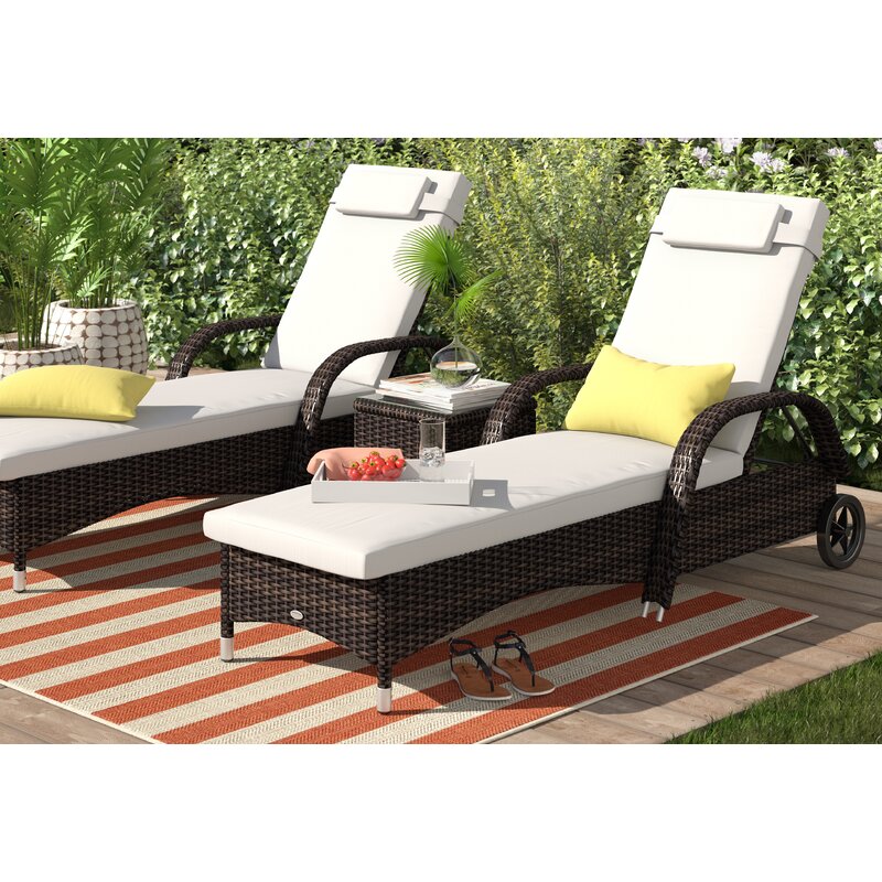 【Furniture】【BS】3 PCS Patio Wicker Chaise Lounge Chair Set, Outdoor Reclining Chair with Table & Cushion