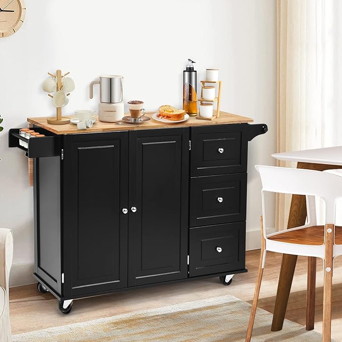 COS TWAY Kitchen Island Trolley on Wheels with Double Door Cabinet, 3 Drawers and Towel/Spice Rack, Utility Cabinet with Deciduous Rubber Wood Top and Adjustable Shelves, Suitable for Home Kitchen, Dining Room (Black)